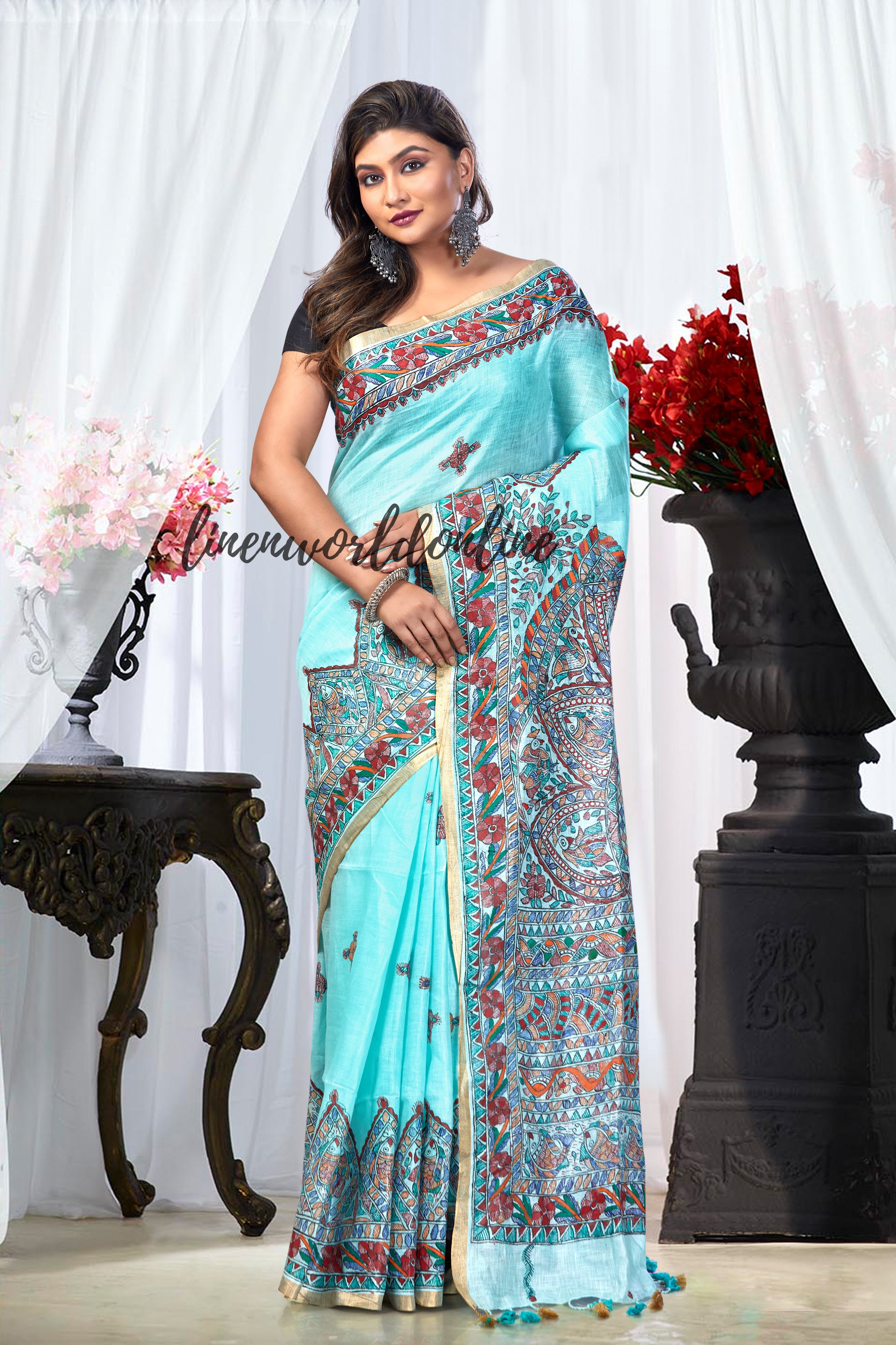 Madhubani Hand-Painted Pure Linen Saree
