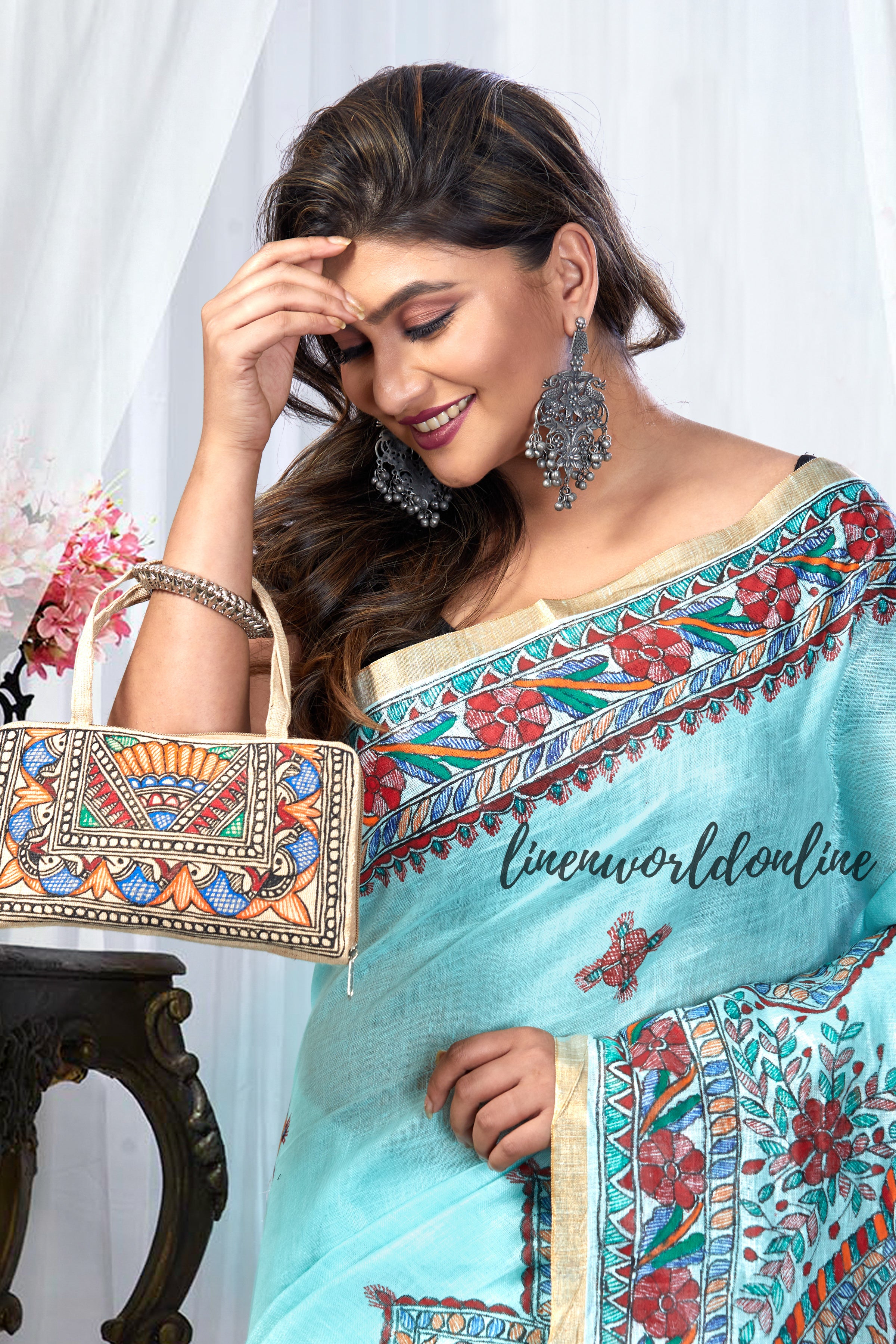 Madhubani Hand-Painted Pure Linen Saree