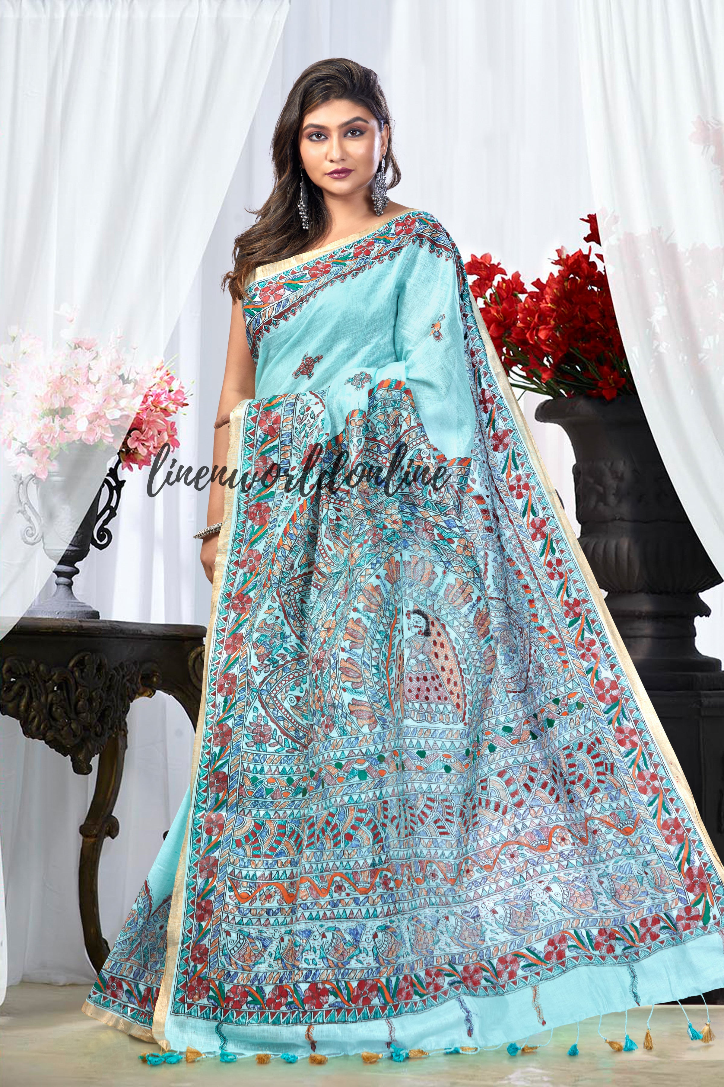 Madhubani Hand-Painted Pure Linen Saree