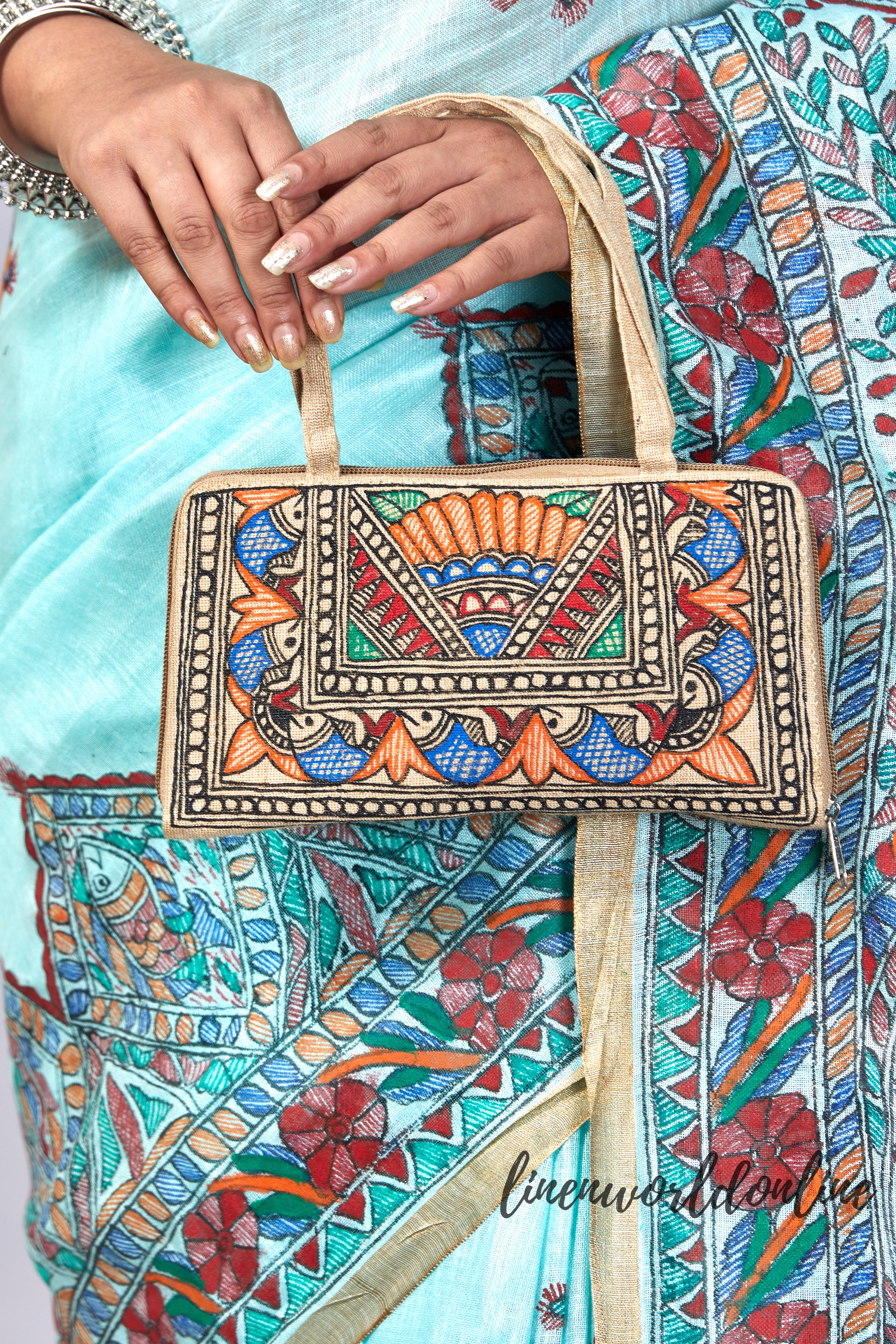 Madhubani Hand-Painted Pure Linen Saree