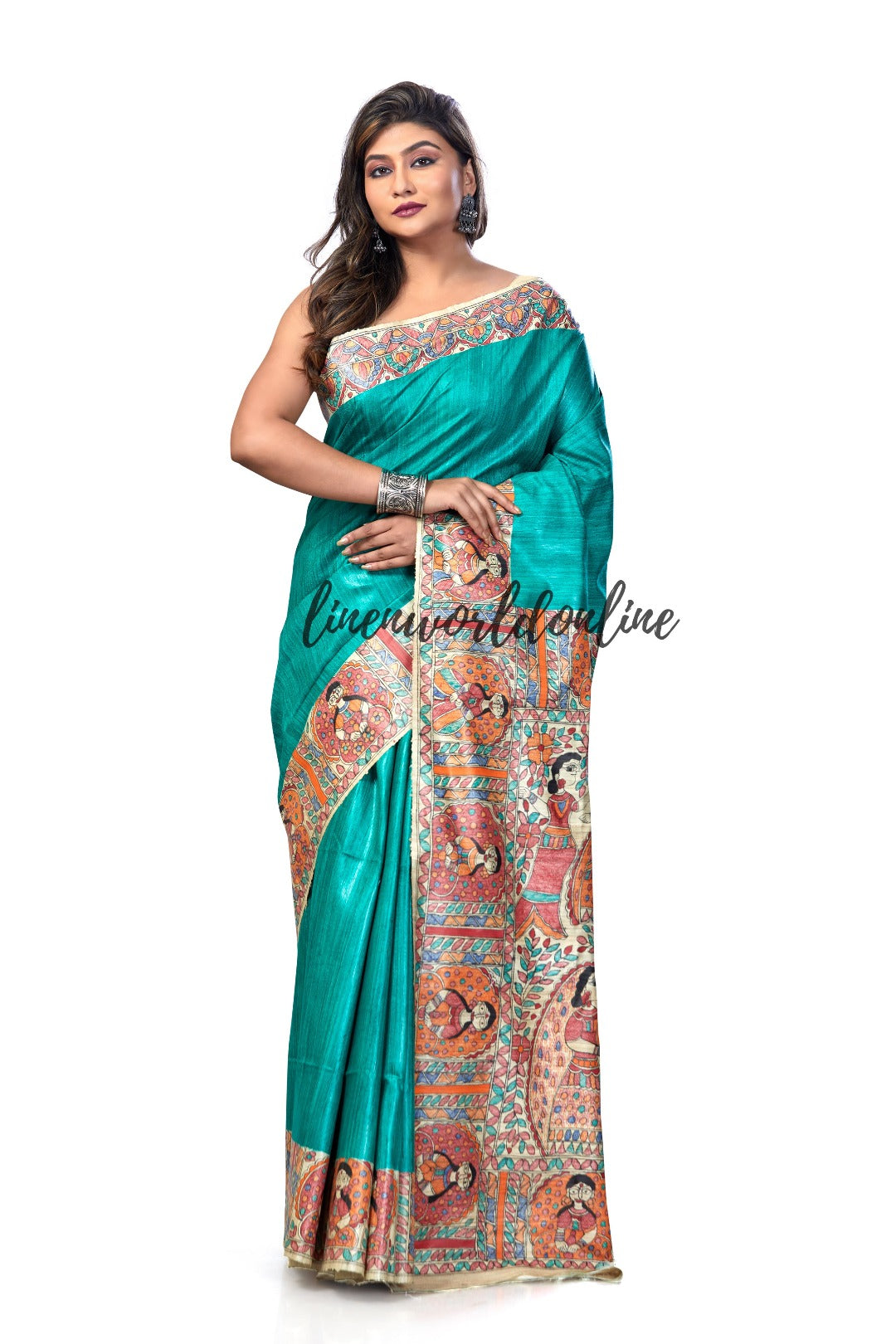 madhubani handpainted tussar ghicha handloom silk saree - linenworldonline.in