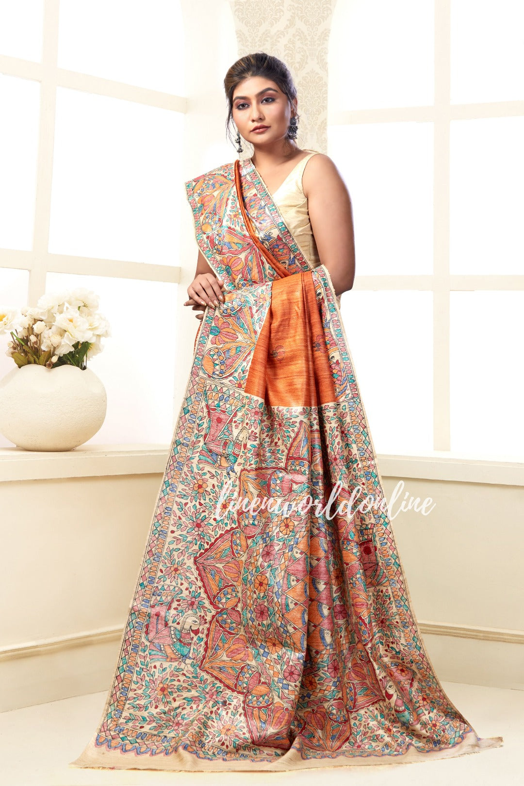madhubani handpainted tussar ghicha handloom silk saree - linenworldonline.in