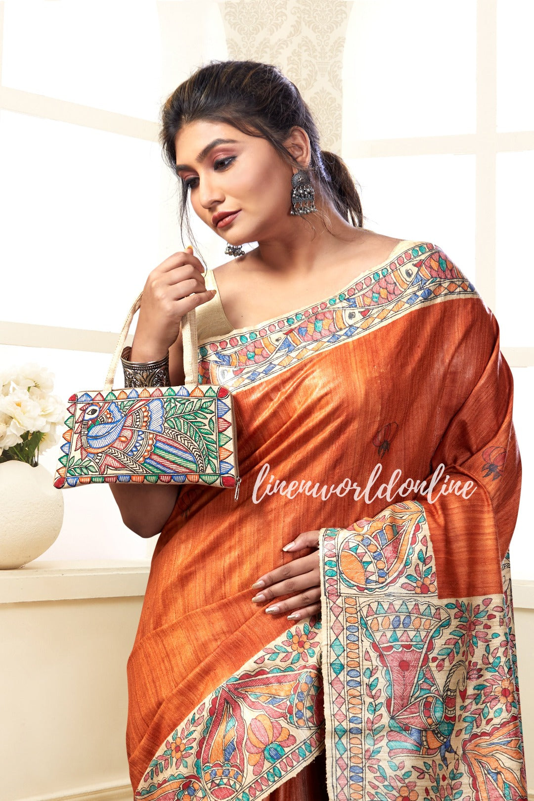 madhubani handpainted tussar ghicha handloom silk saree - linenworldonline.in