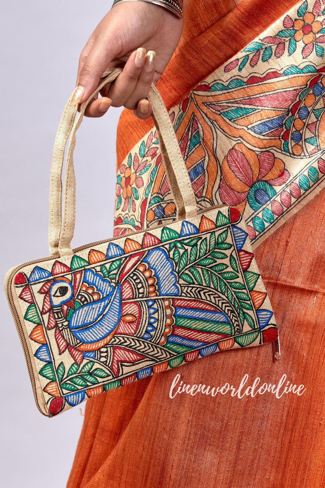 madhubani handpainted tussar ghicha handloom silk saree - linenworldonline.in