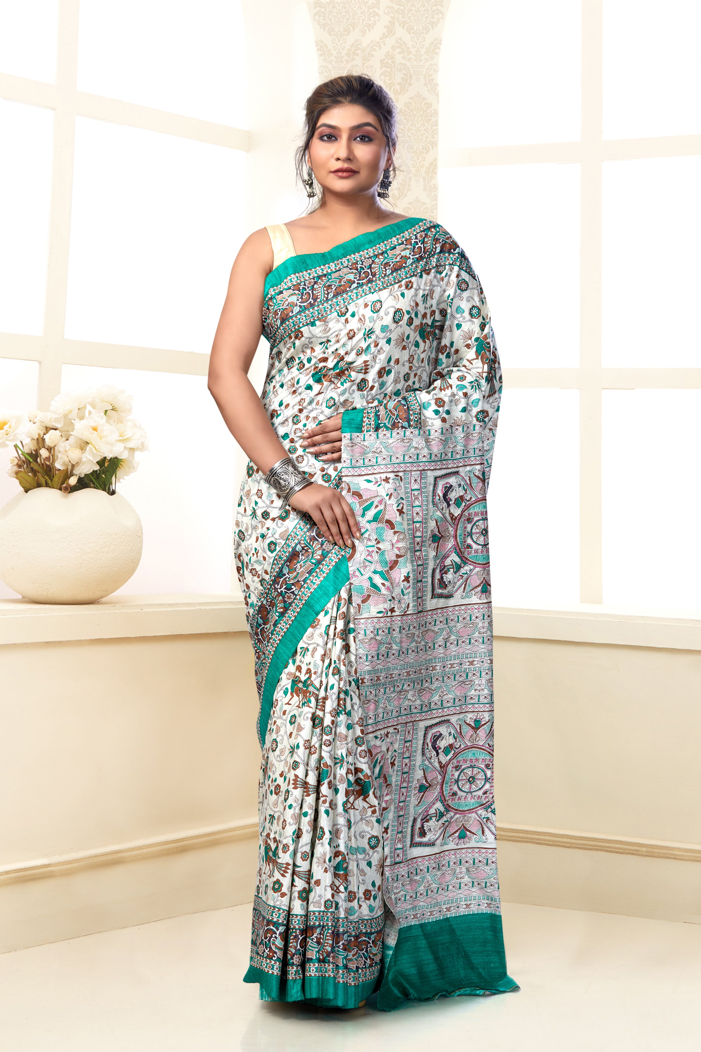 block printed tussar ghicha silk saree