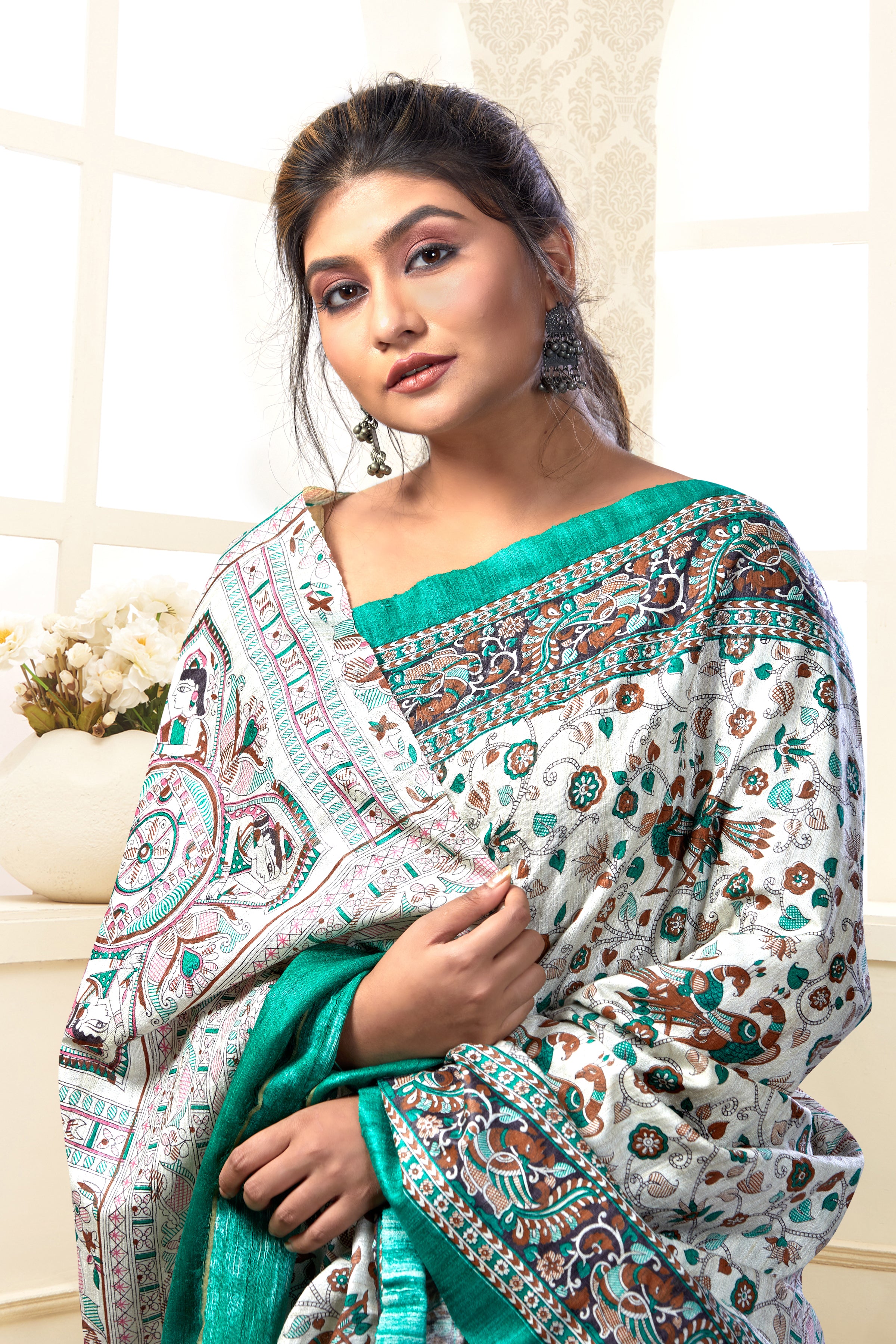 block printed tussar ghicha silk saree