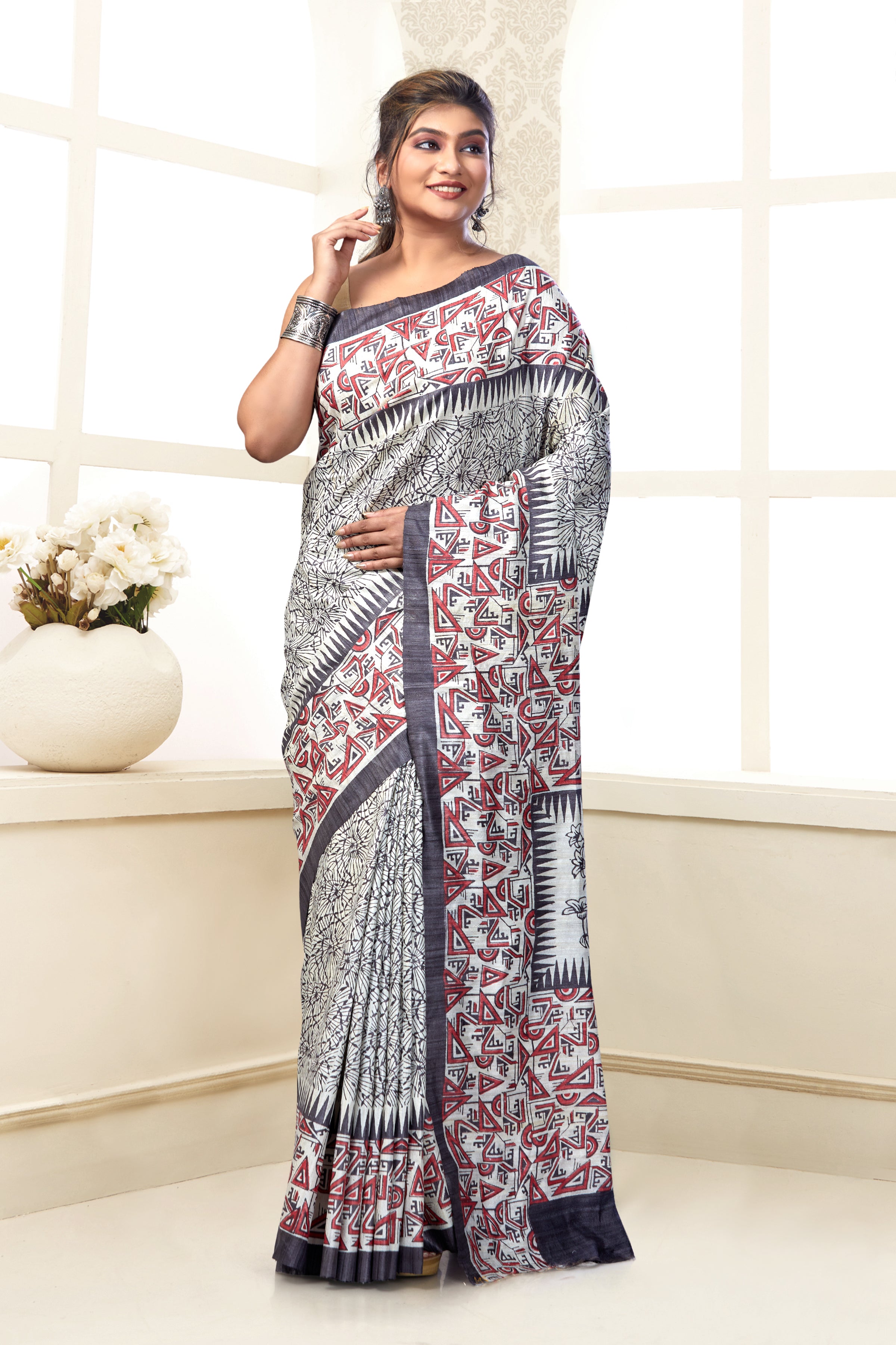 Block Printed Ghicha Tussar Silk Saree
