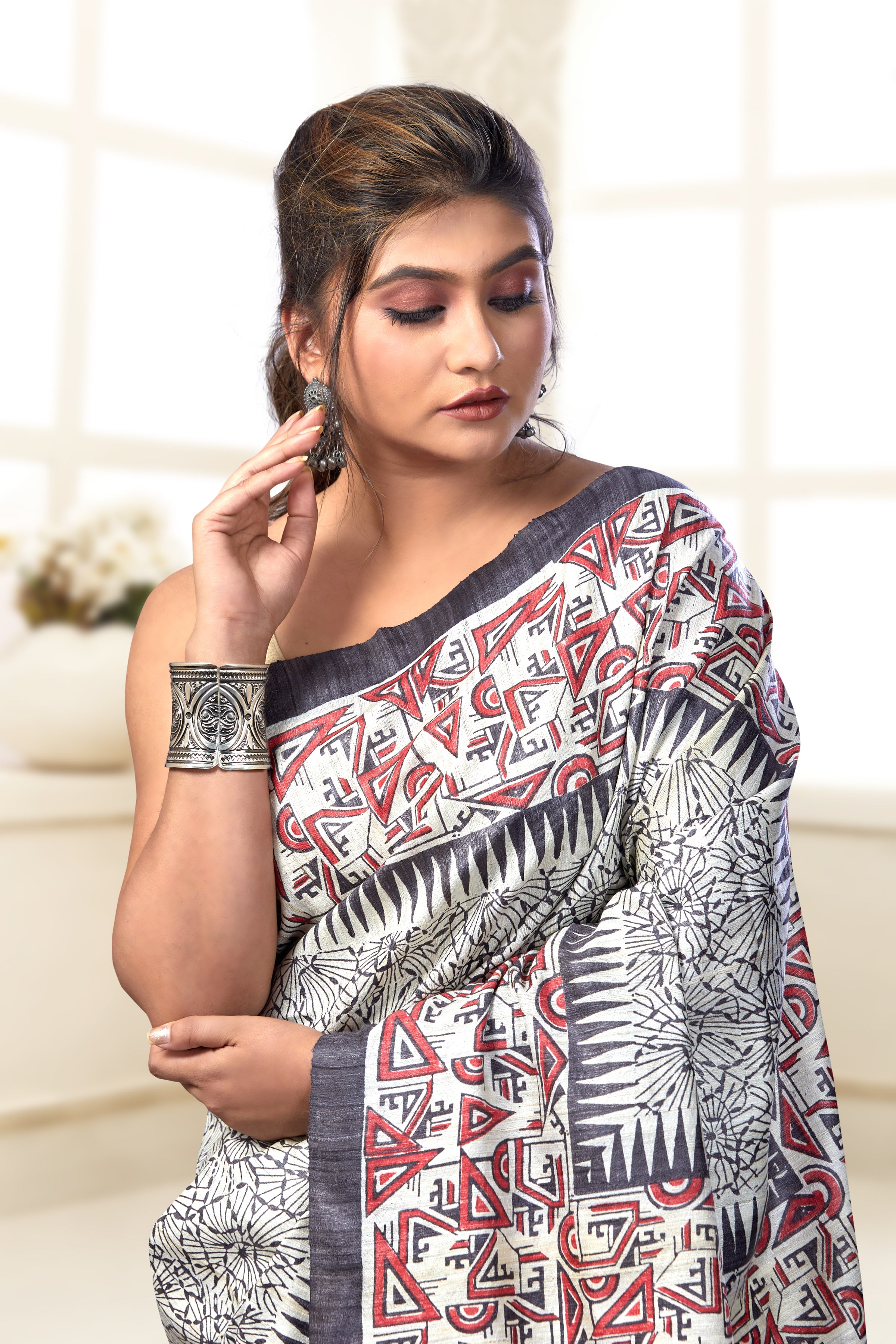 tussar ghicha block printed saree