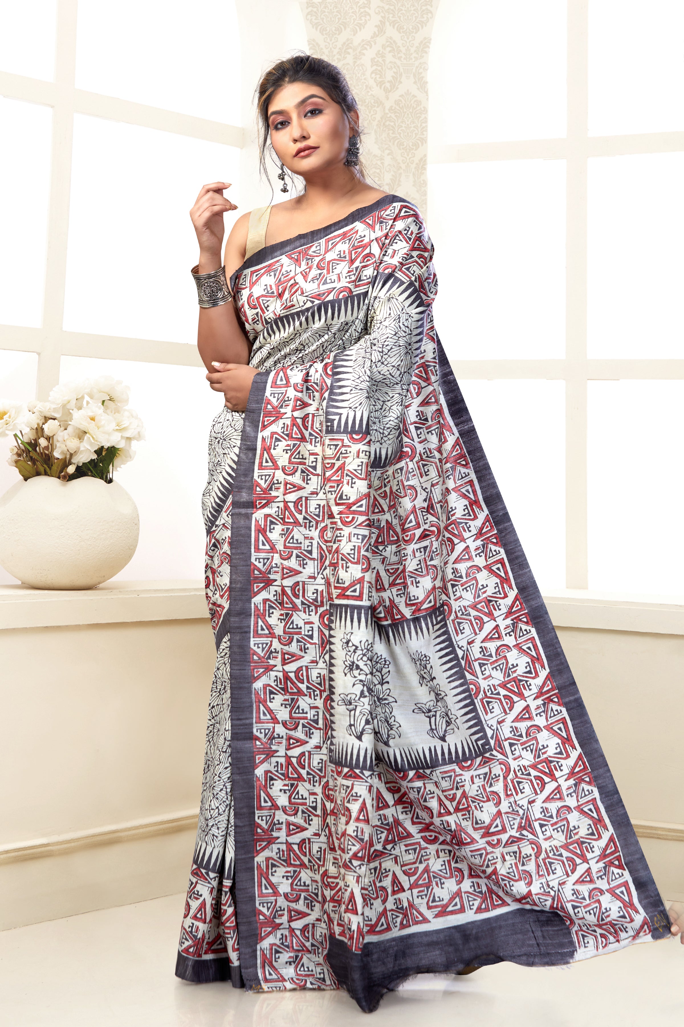 tussar ghicha block printed saree