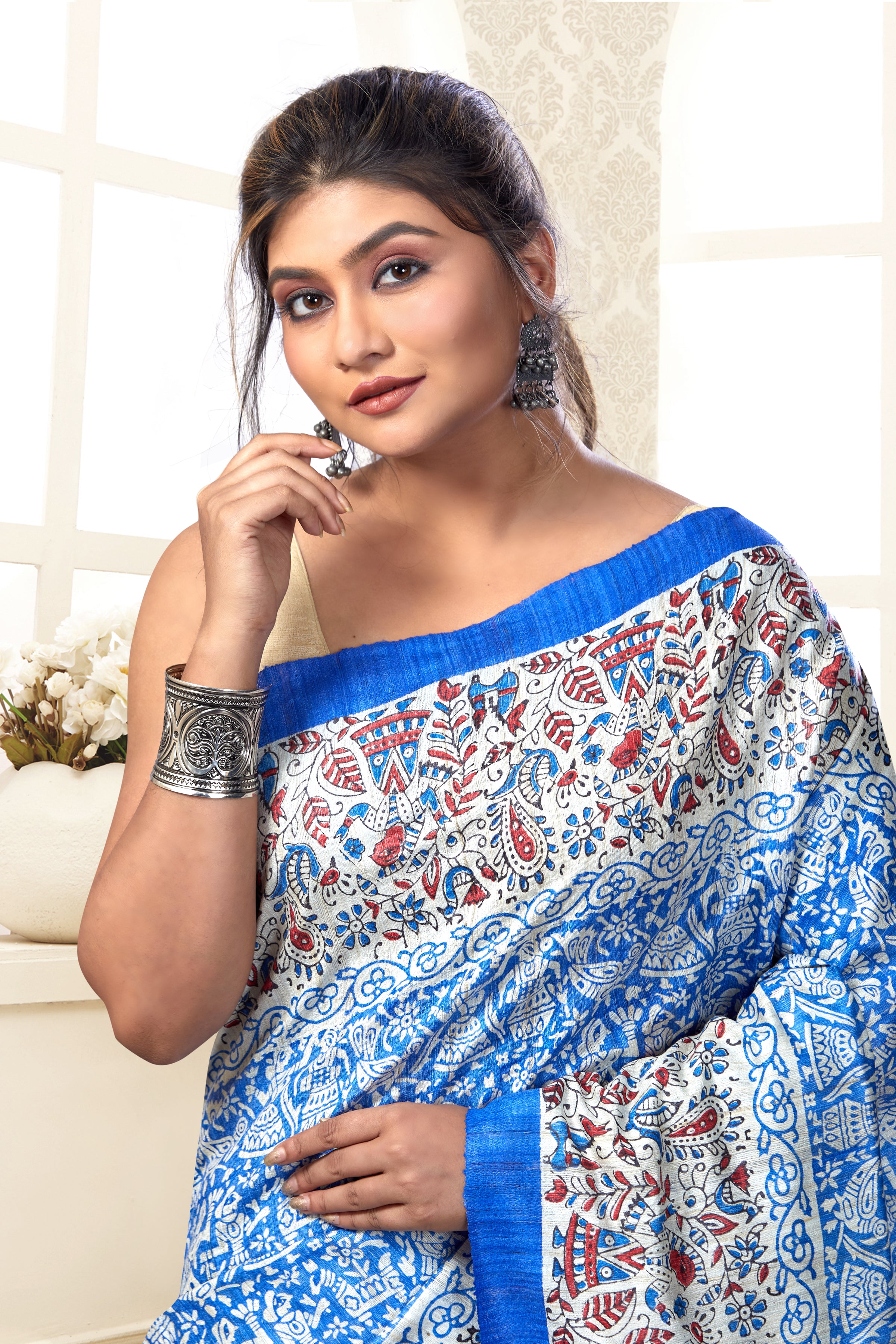 block printed tussar ghicha silk saree