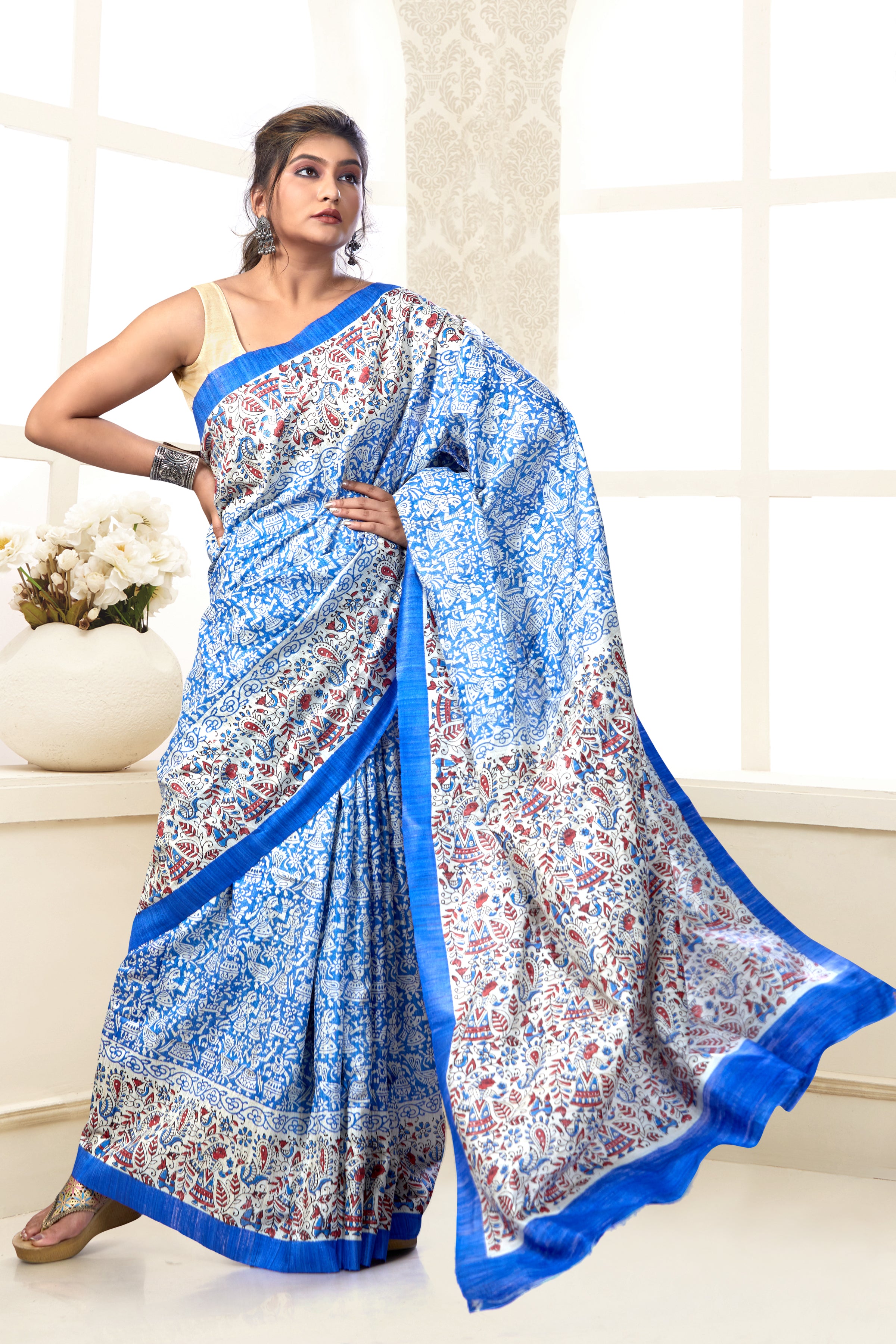 block printed tussar ghicha silk saree