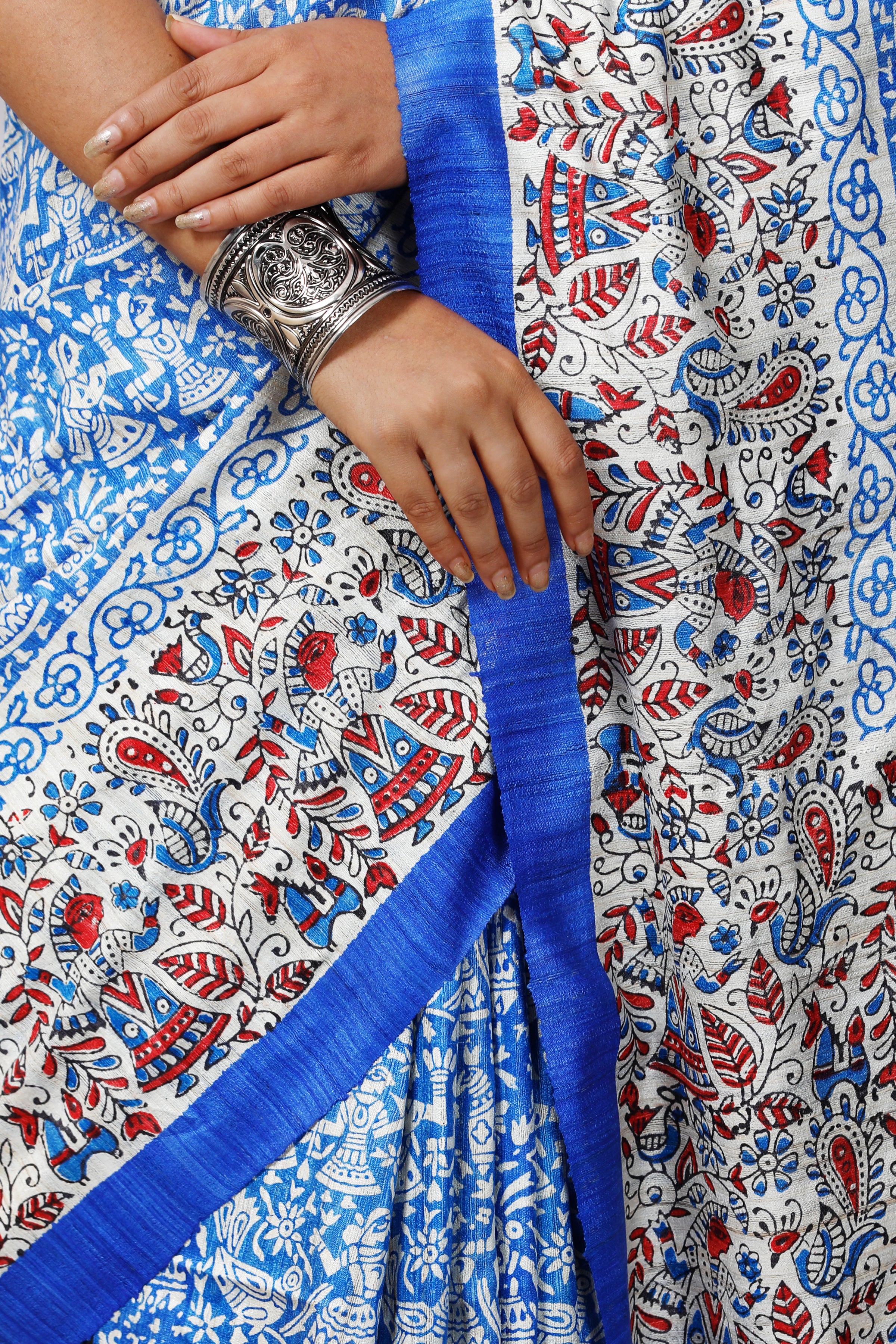 block printed tussar ghicha silk saree