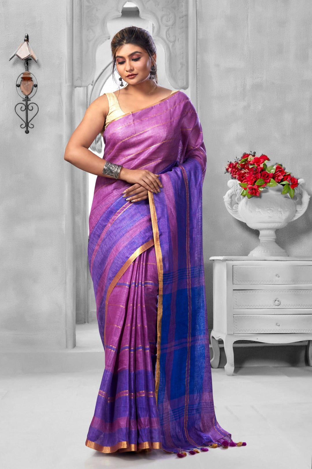 pale magenta handloom pure linen saree - linenworldonline.in