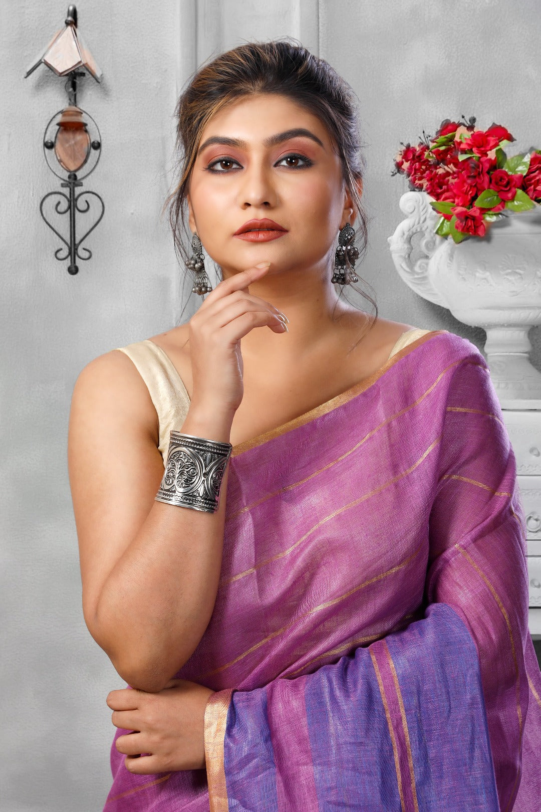 pale magenta handloom pure linen saree - linenworldonline.in