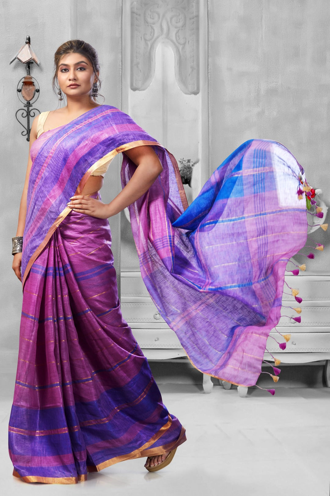 pale magenta handloom pure linen saree - linenworldonline.in