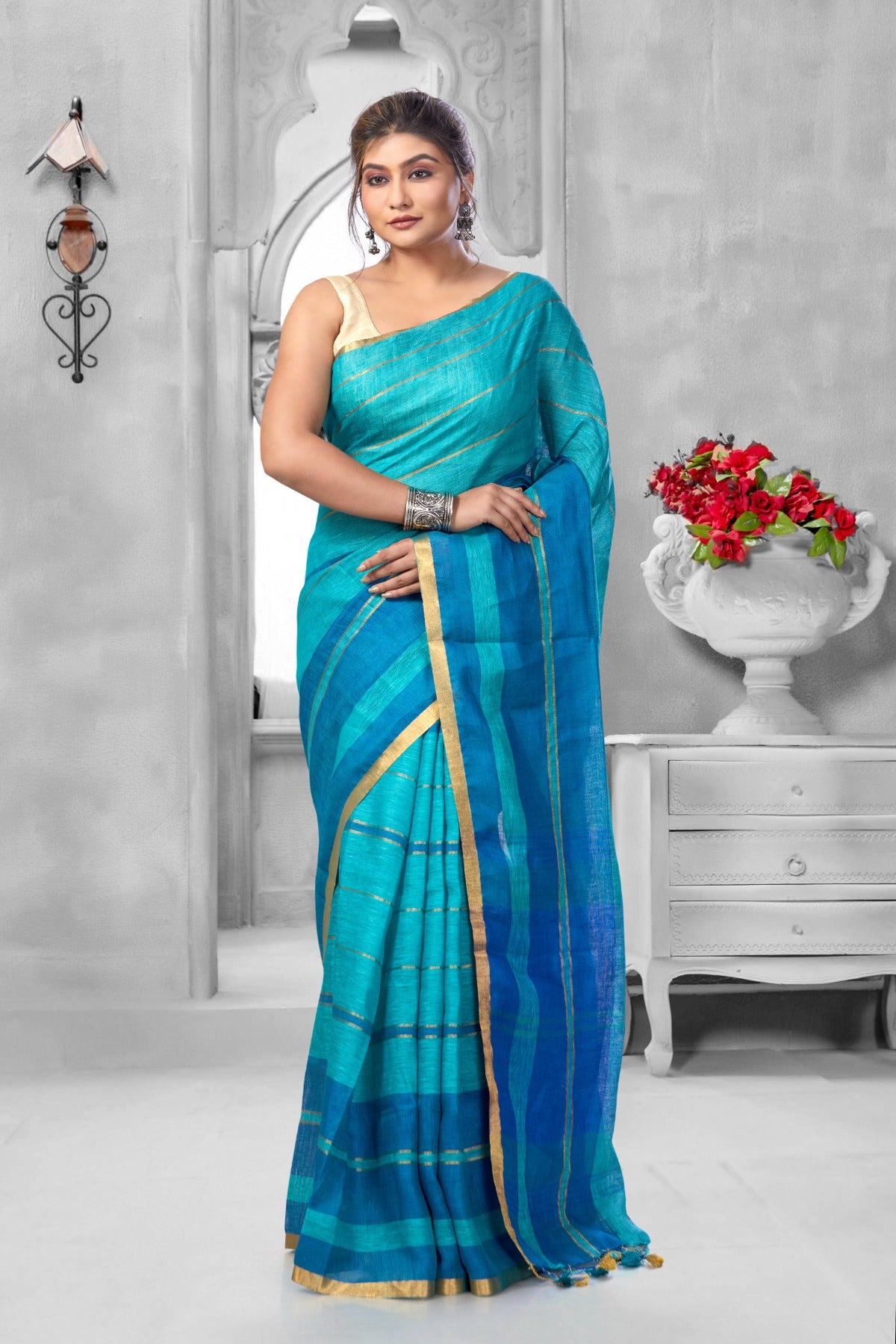 turquoise blue handloom pure linen saree - linenworldonline.in