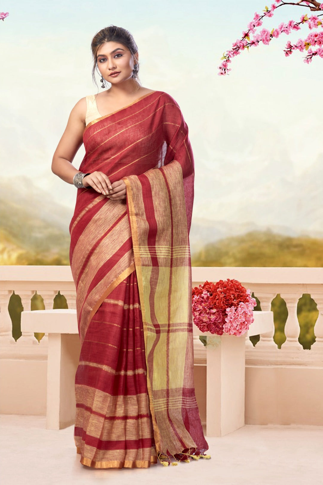 red handloom pure linen saree - linenworldonline.in