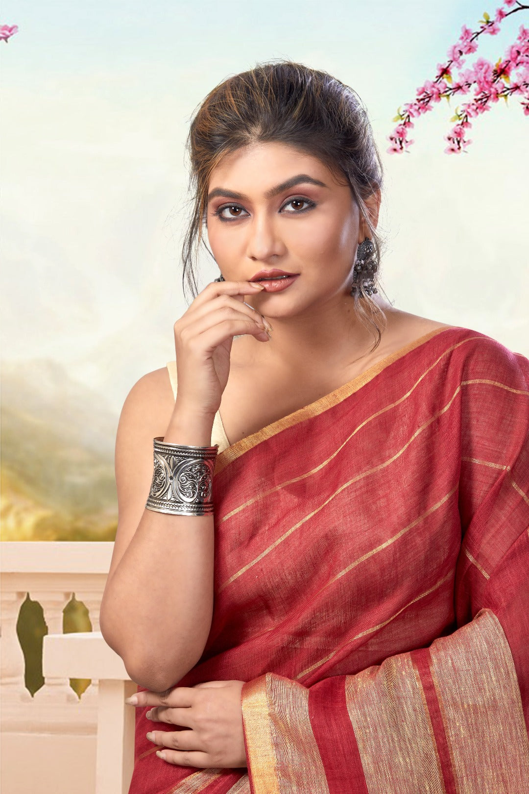 red handloom pure linen saree - linenworldonline.in