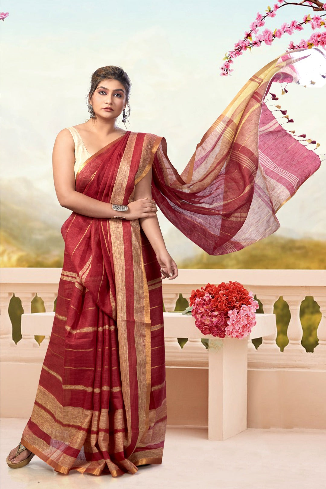 red handloom pure linen saree - linenworldonline.in
