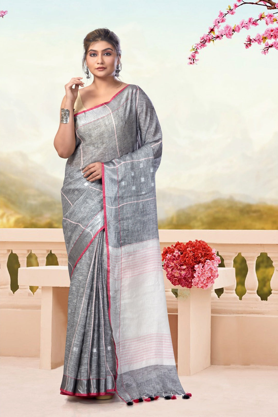 grey dobiwoven pure linen saree - linenworldonline.in
