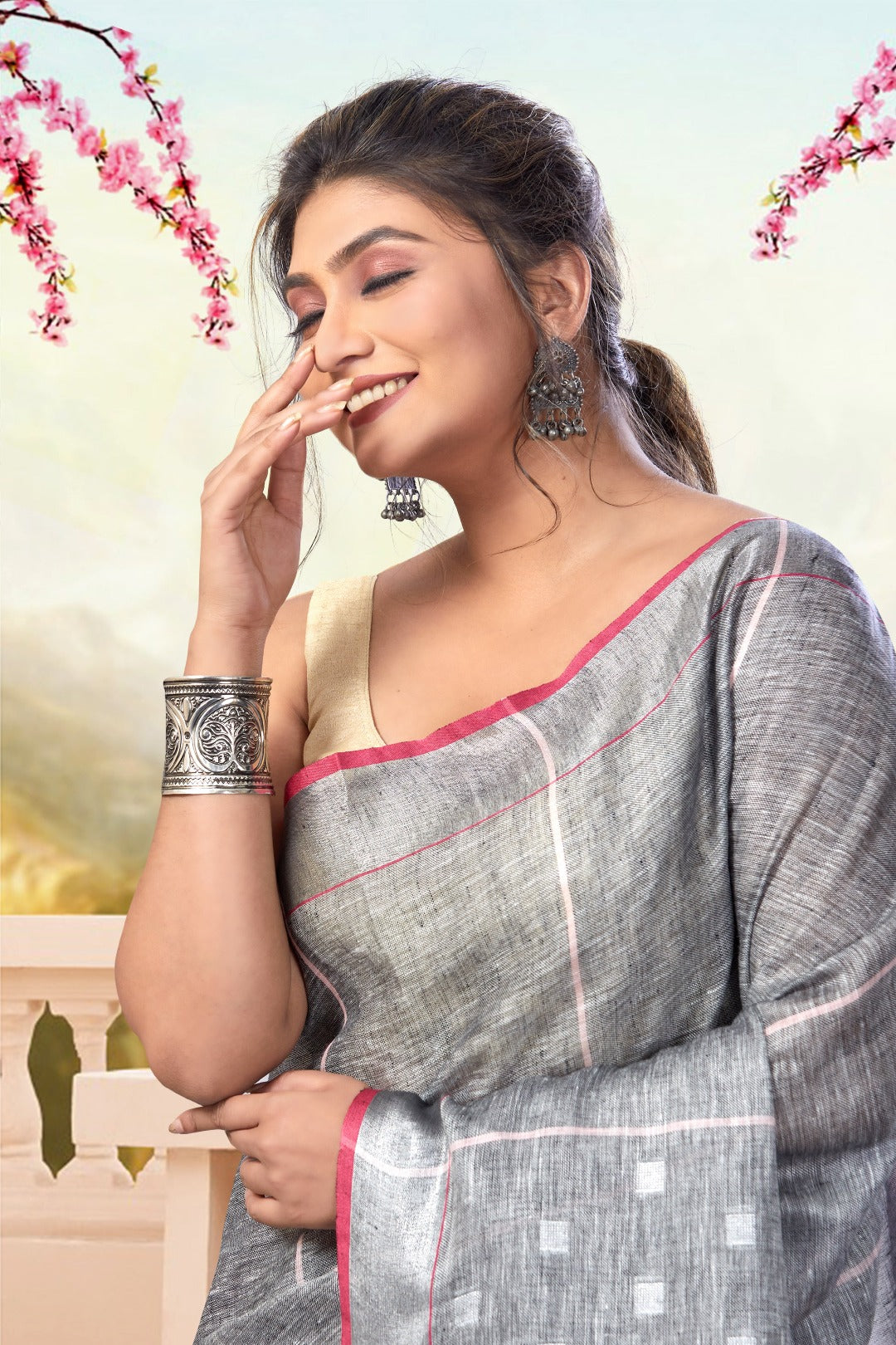 grey dobiwoven pure linen saree - linenworldonline.in