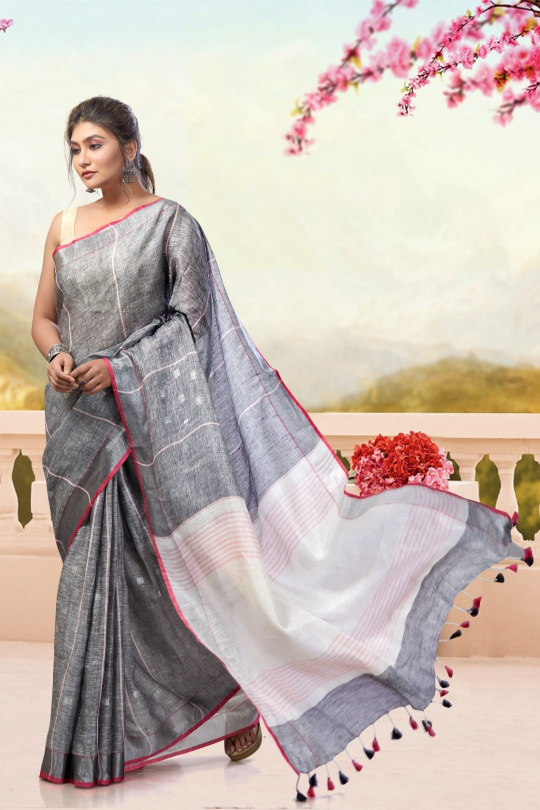 grey dobiwoven pure linen saree - linenworldonline.in
