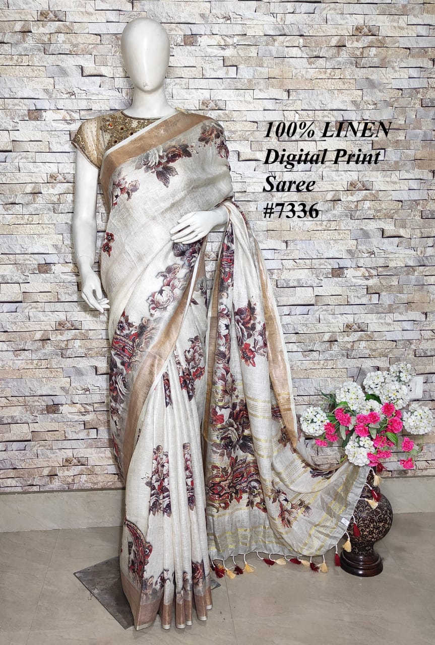 off white digital printed handloom pure linen saree - linenworldonline.in