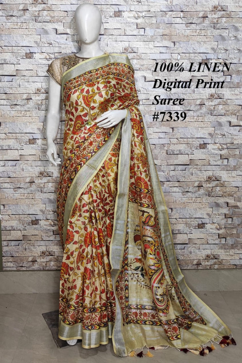 digital printed handloom pure linen saree - linenworldonline.in