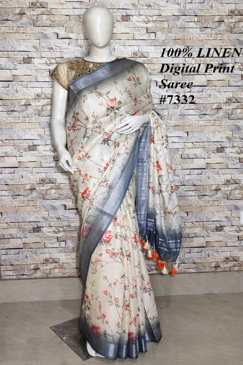 cream digital printed handloom pure linen saree - linenworldonline.in