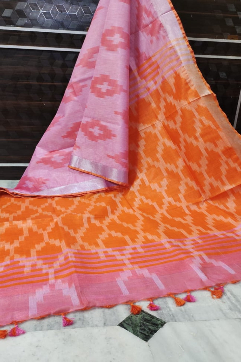 pink cotton ikat handwoven saree - linenworldonline.in