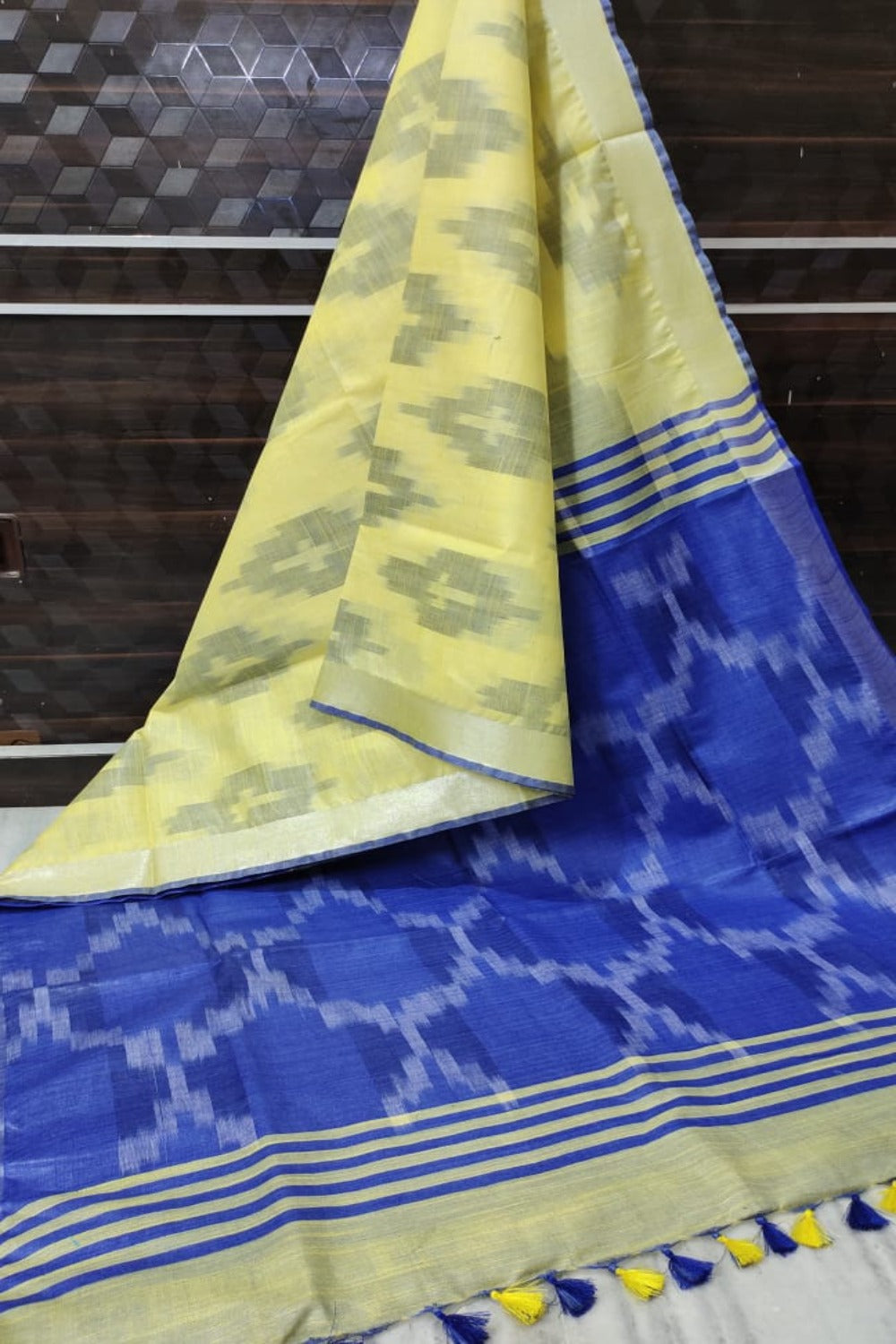 yellow cotton ikat handwoven saree - linenworldonline.in