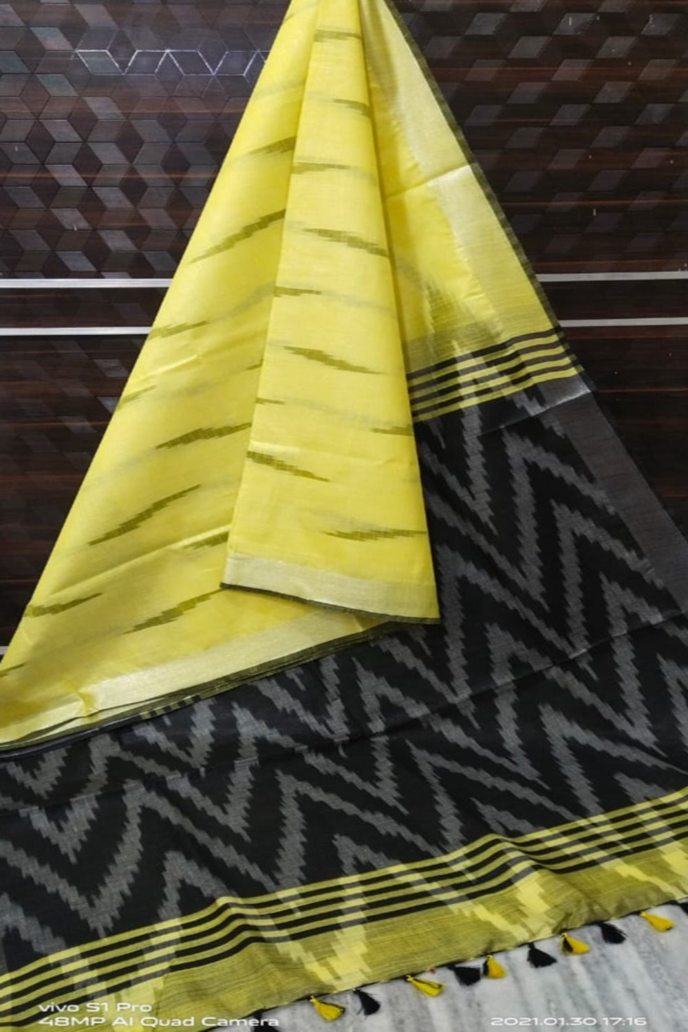 yellow cotton ikat handwoven saree - linenworldonline.in