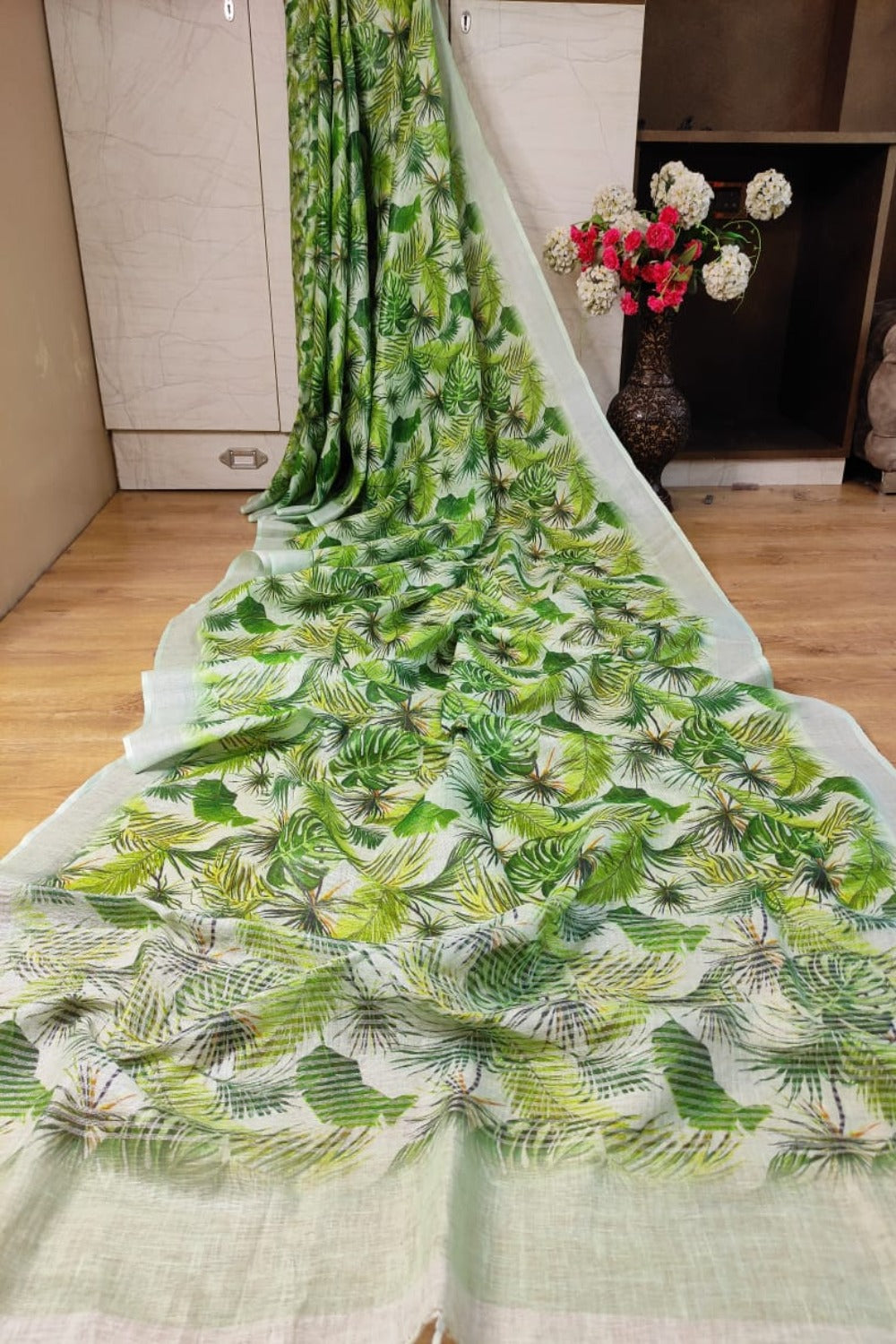 green digital printed handloom pure linen saree - linenworldonline.in