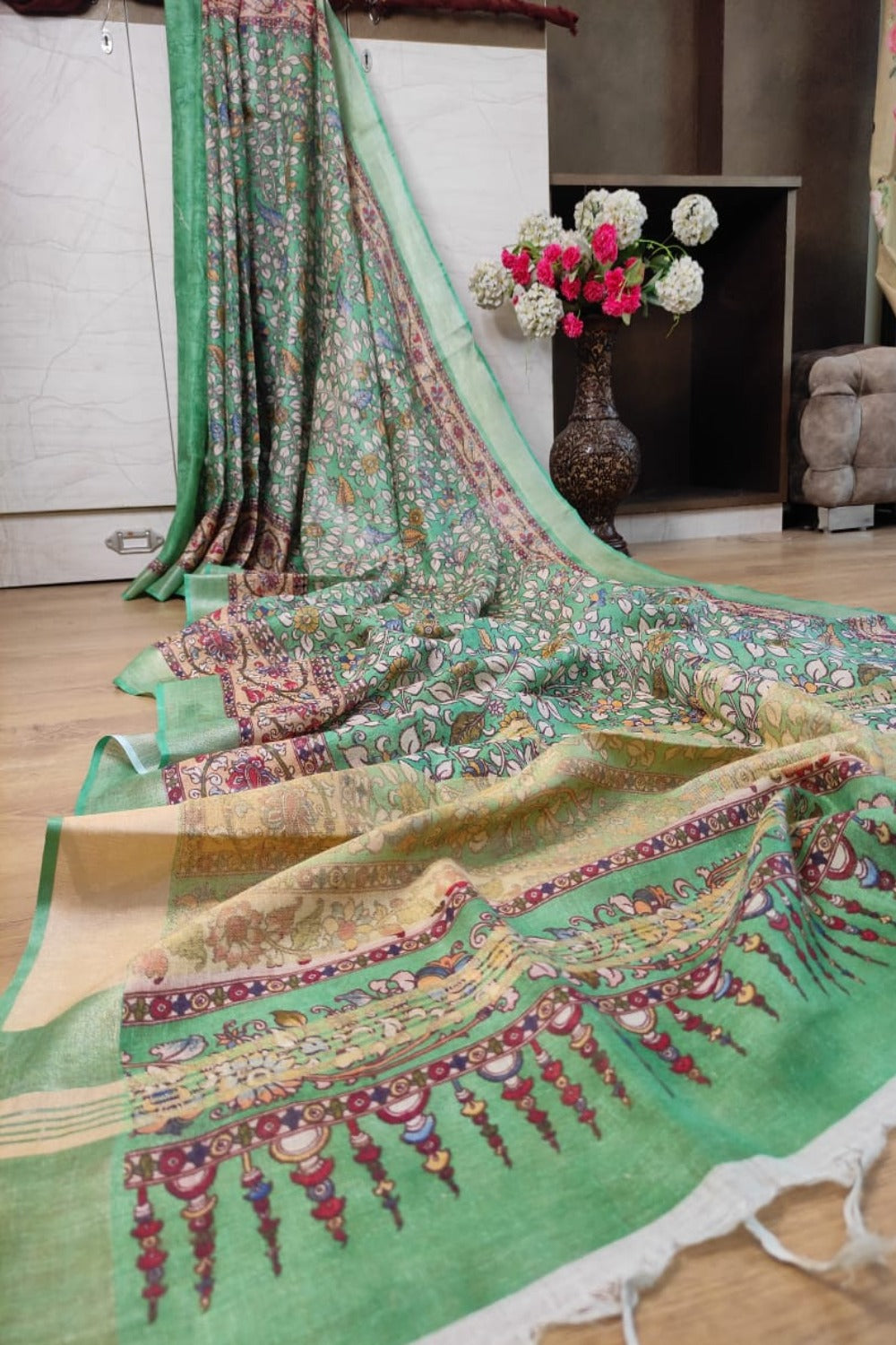 green digital printed handloom pure linen saree - linenworldonline.in