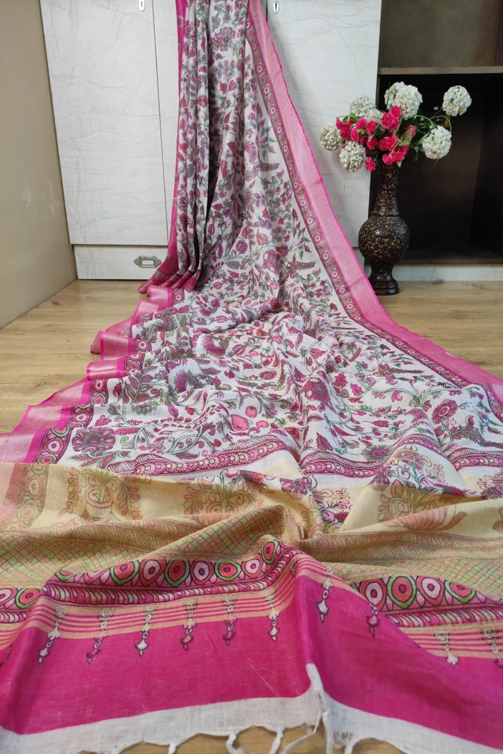 pink digital printed handloom pure linen saree - linenworldonline.in