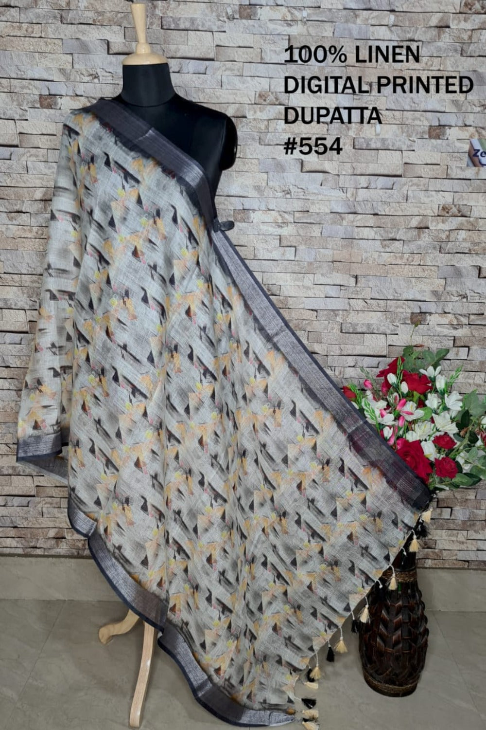 digital printed pure linen dupatta - linenworldonline.in