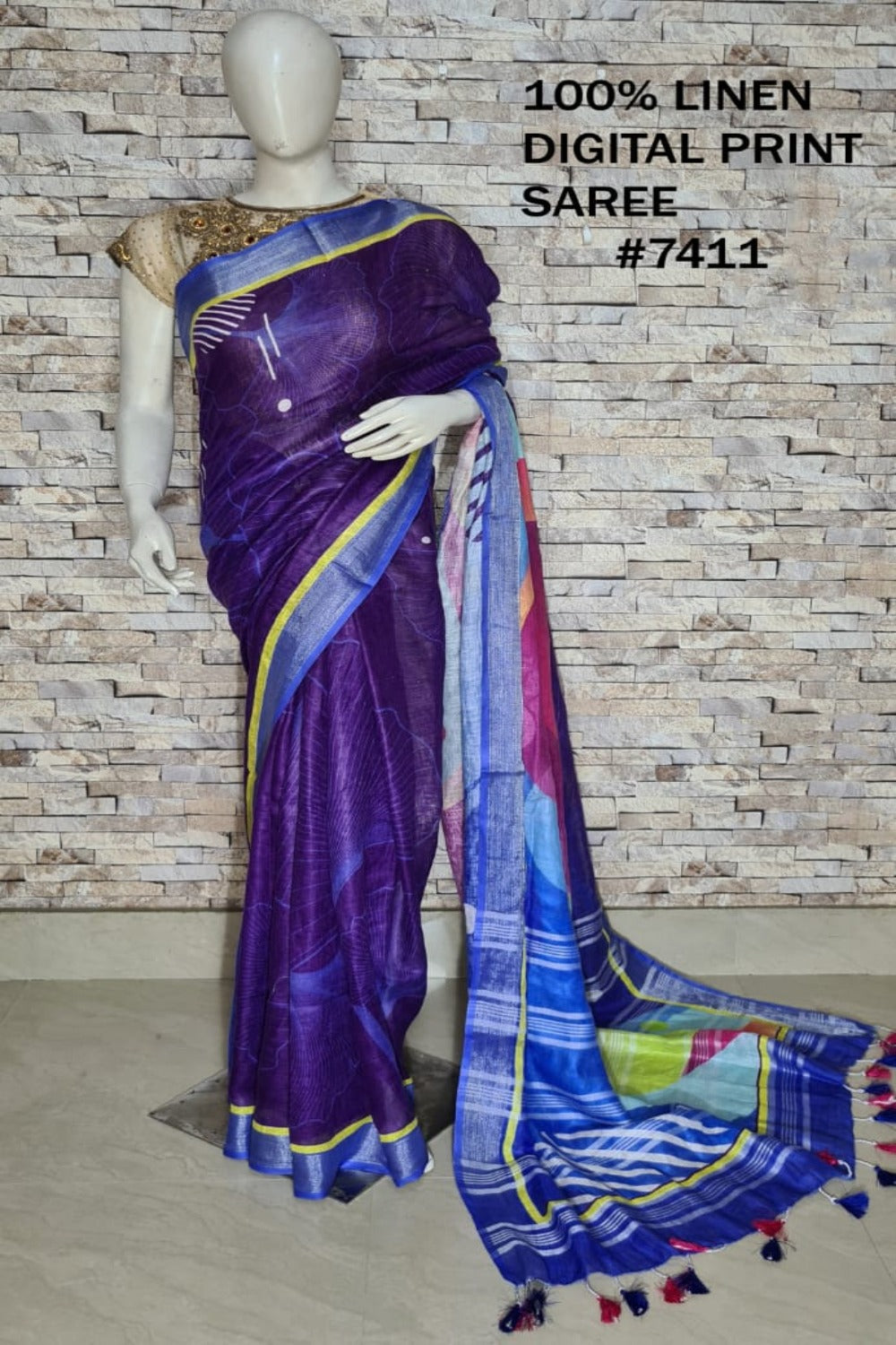 navy blue digital printed handloom pure linen saree - linenworldonline.in