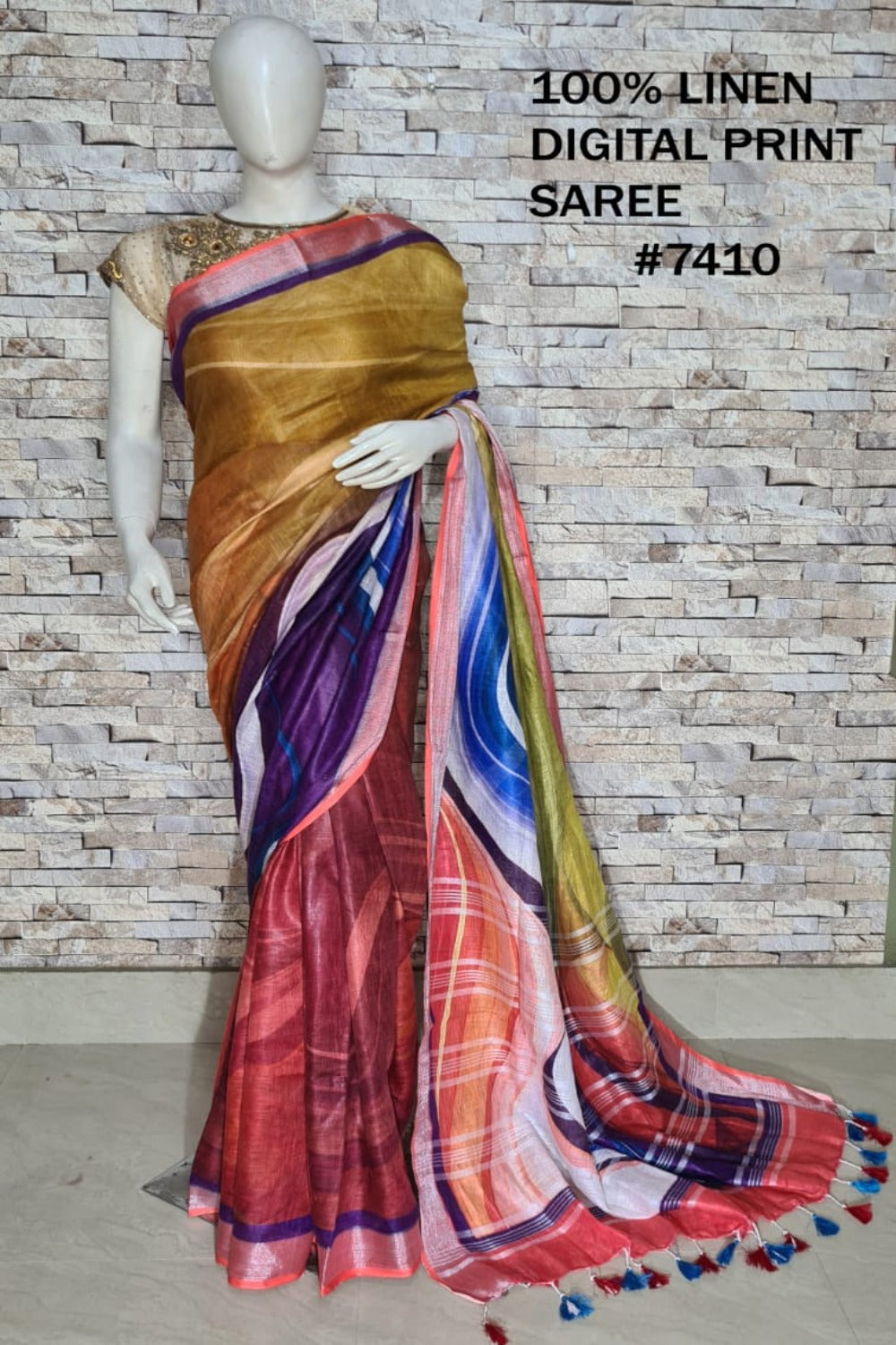 yellow maroon digital printed handloom pure linen saree - linenworldonline.in