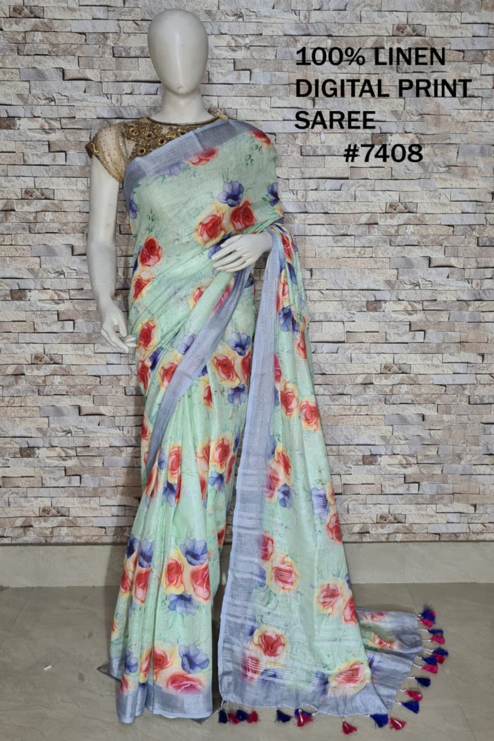 light green digital printed handloom pure linen saree - linenworldonline.in