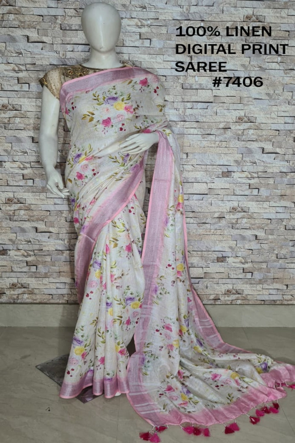 pink digital printed handloom pure linen saree - linenworldonline.in