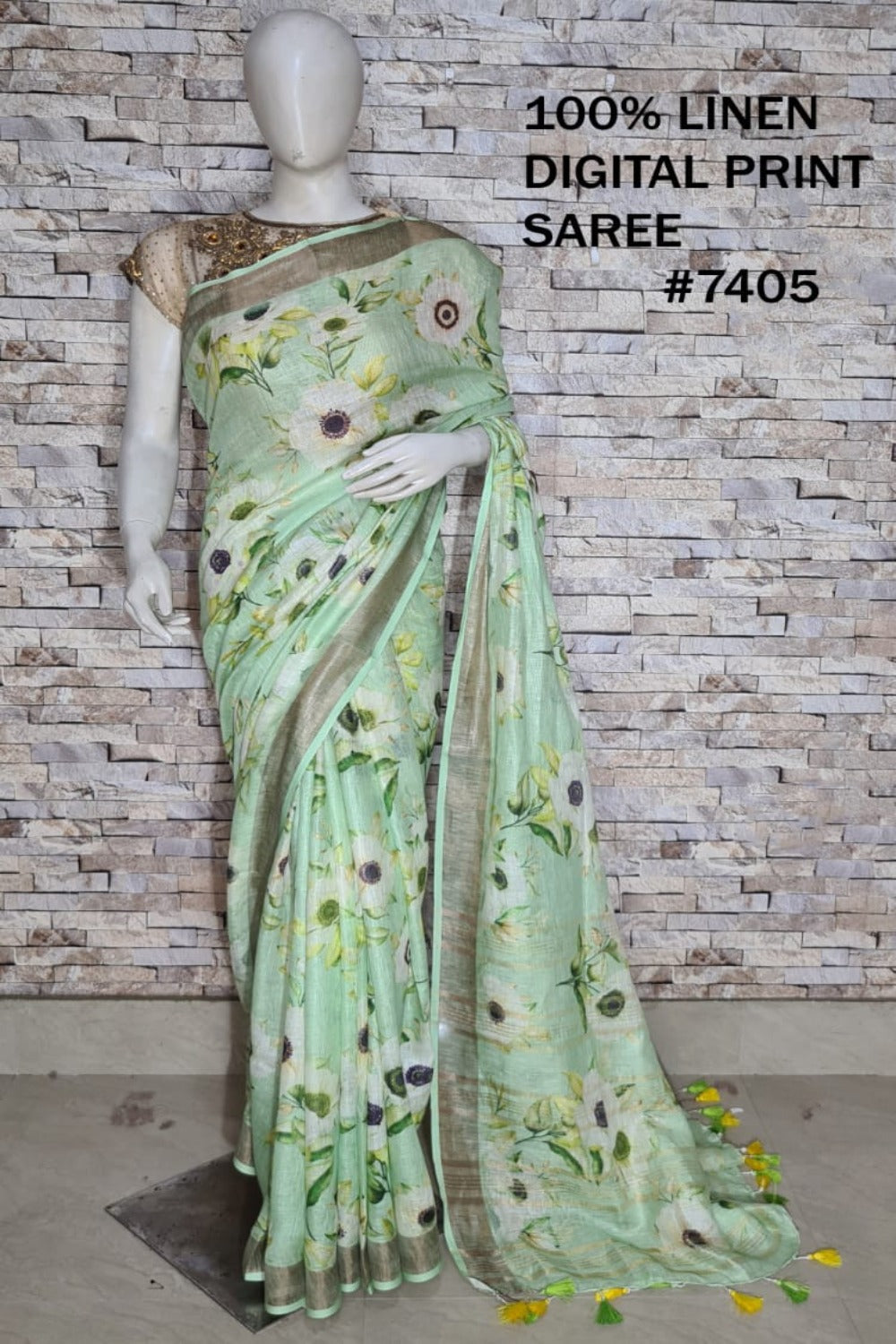 green digital printed handloom pure linen saree - linenworldonline.in