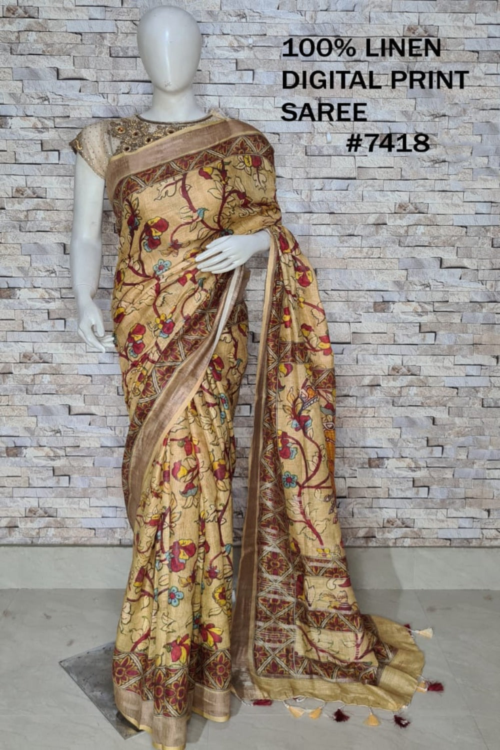 coffee digital printed handloom pure linen saree - linenworldonline.in