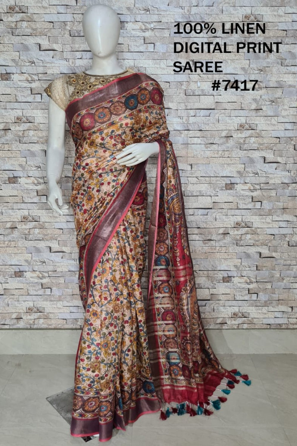 rust digital printed handloom pure linen saree - linenworldonline.in