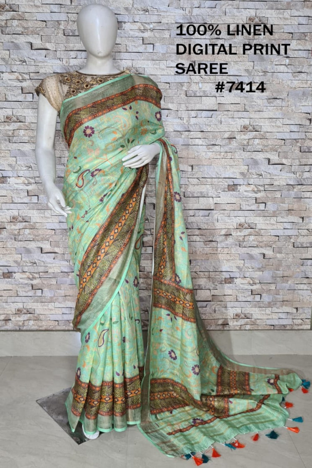 green digital printed handloom pure linen saree - linenworldonline.in