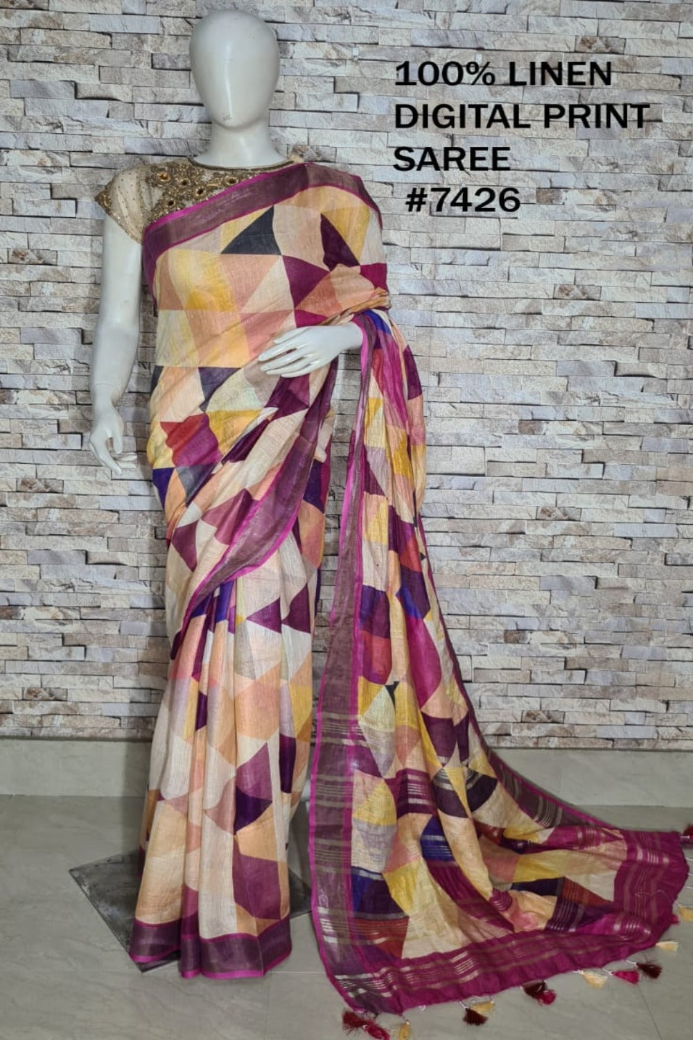 digital printed handloom pure linen saree - linenworldonline.in