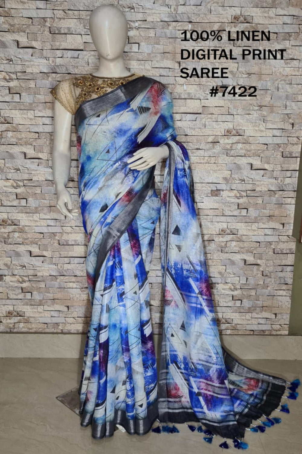 blue digital printed handloom pure linen saree - linenworldonline.in
