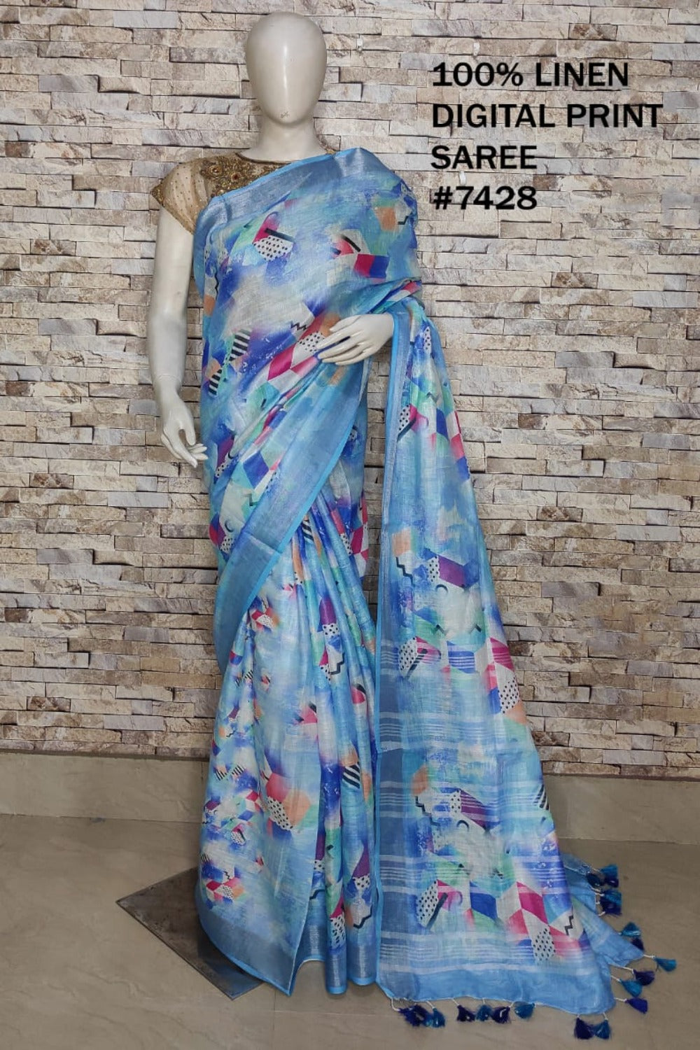 blue digital printed handloom pure linen saree - linenworldonline.in