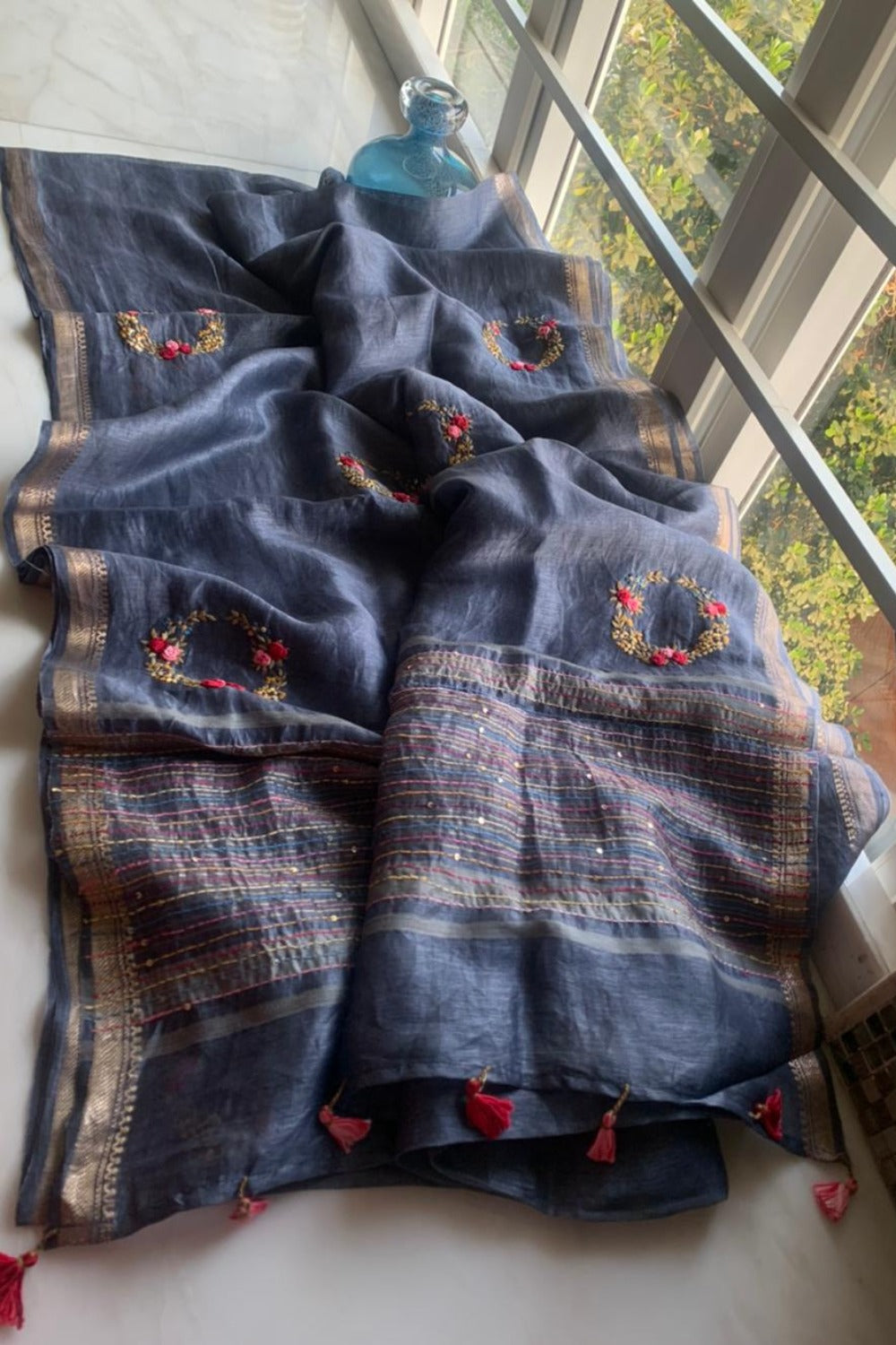blue embroidered french knot silk linen saree - linenworldonline.in