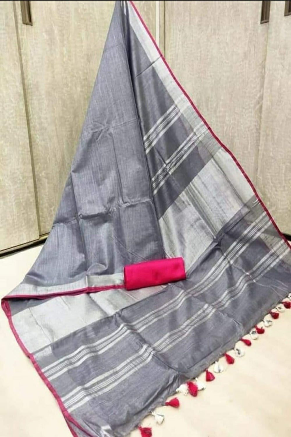 grey cotton linen saree - linenworldonline.in