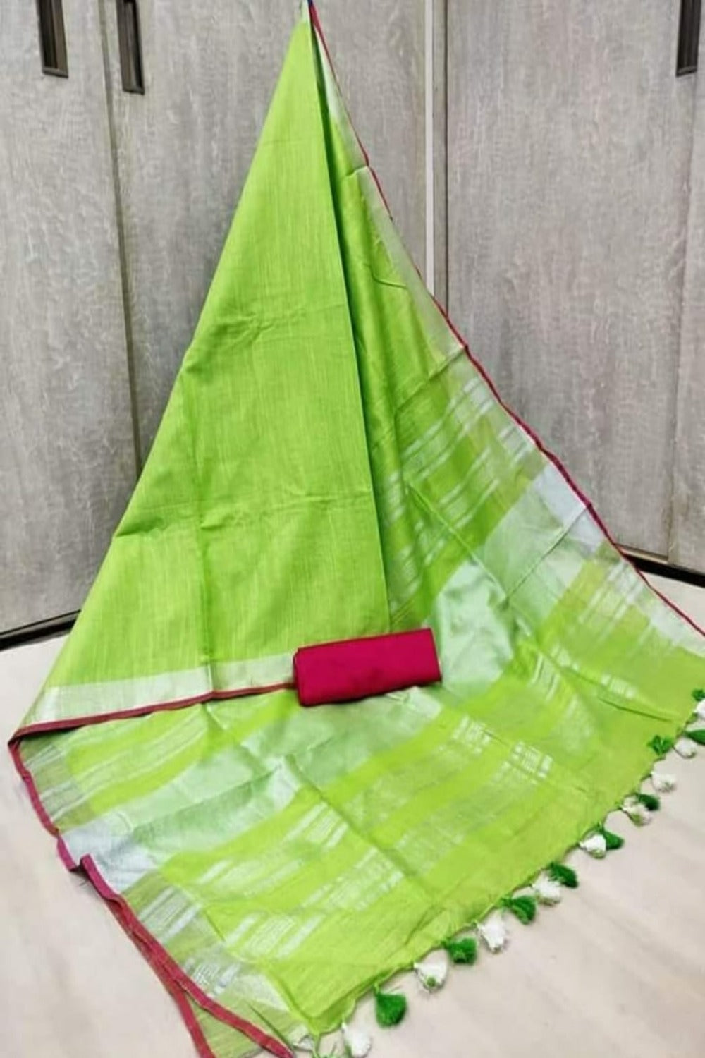 green cotton linen saree - linenworldonline.in
